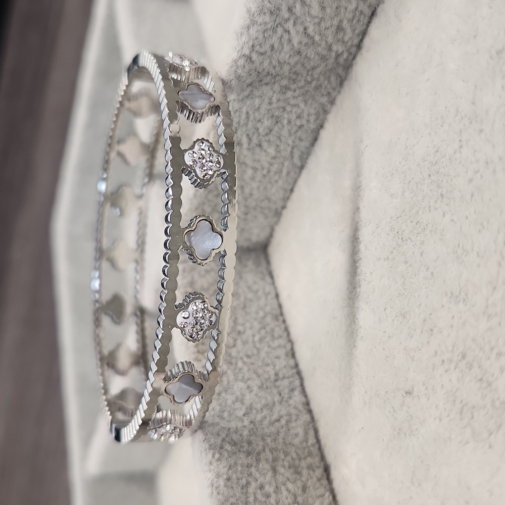 Stainless Steel Silver Tone Clover Bangle, Pearl White, Simulated Diamond - Picture 2 of 8